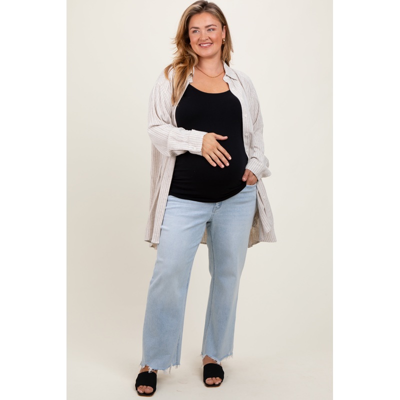 Light Blue Distressed Hem Slim Wide Leg Maternity Plus Jeans