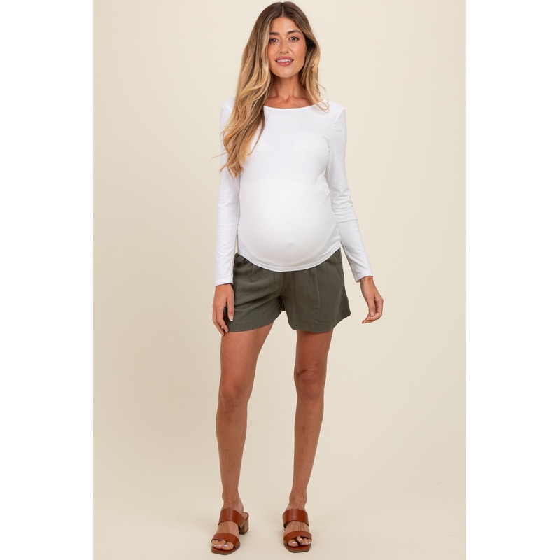 Olive Blue Pleated Maternity Shorts