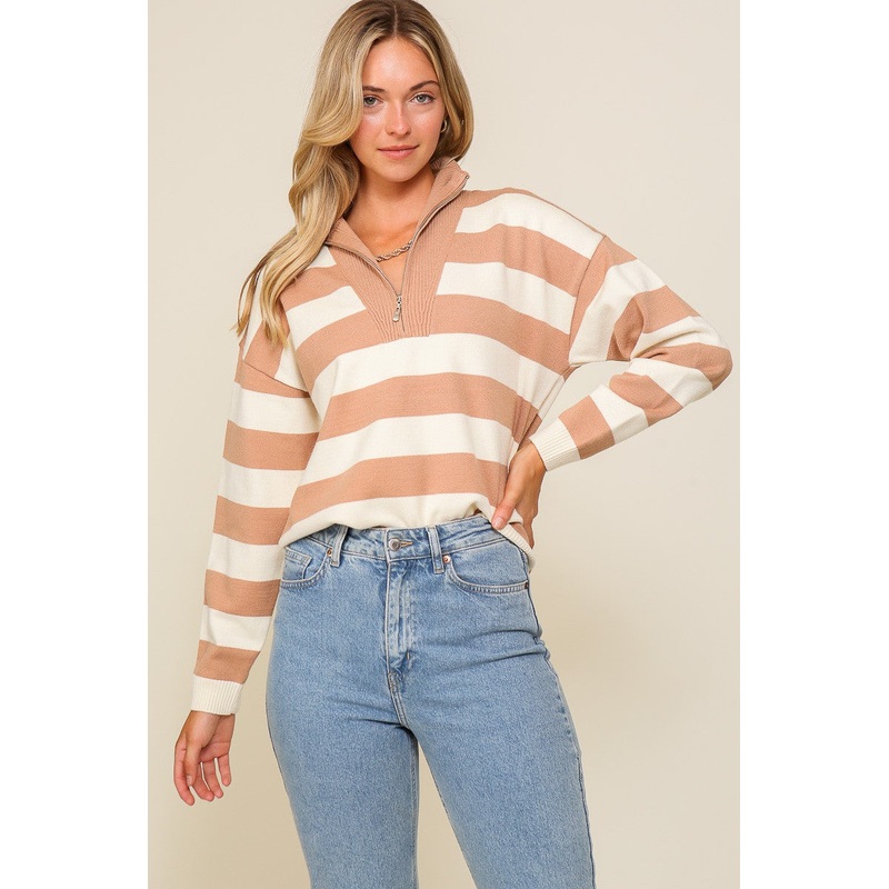 Taupe Cream Polo Half Zip Up Striped Sweater Top