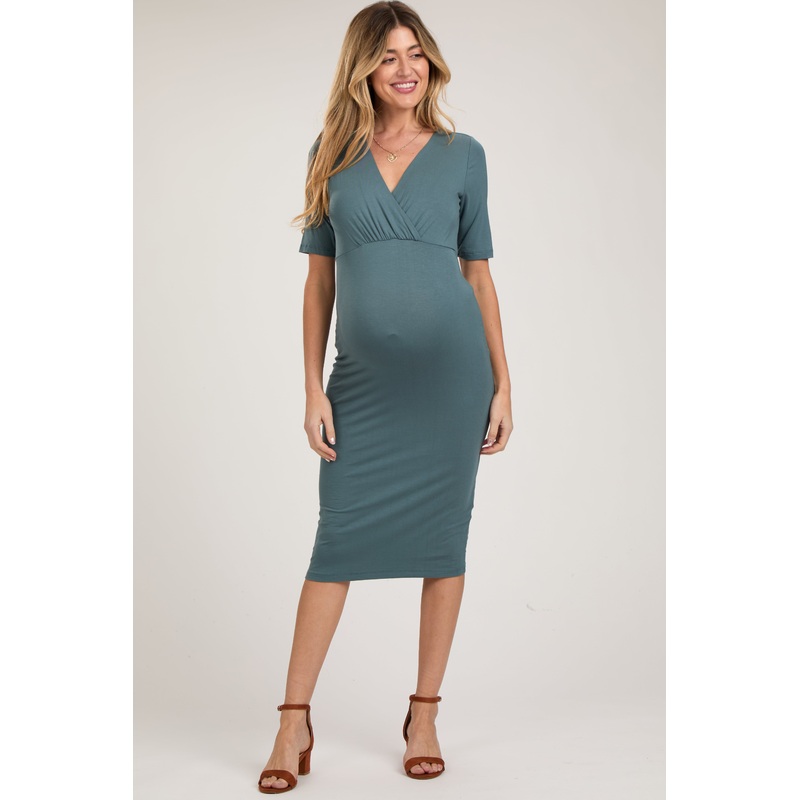 Teal Wrap Top Maternity/Nursing Midi Dress