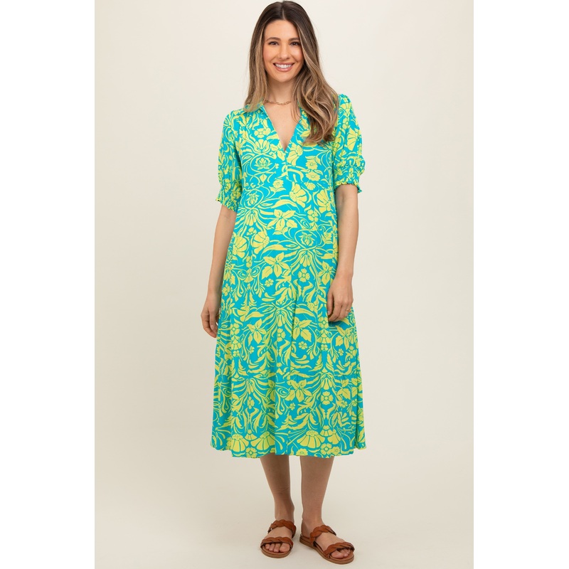Turquoise Floral V-Neck Tiered Maternity Midi Dress