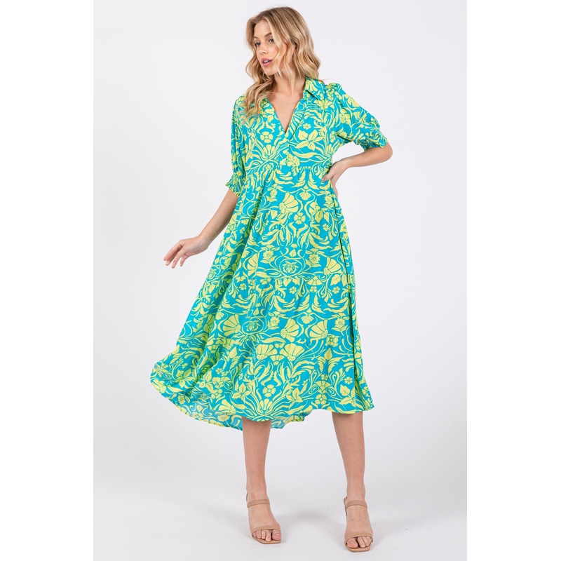 Turquoise Floral V-Neck Tiered Midi Dress