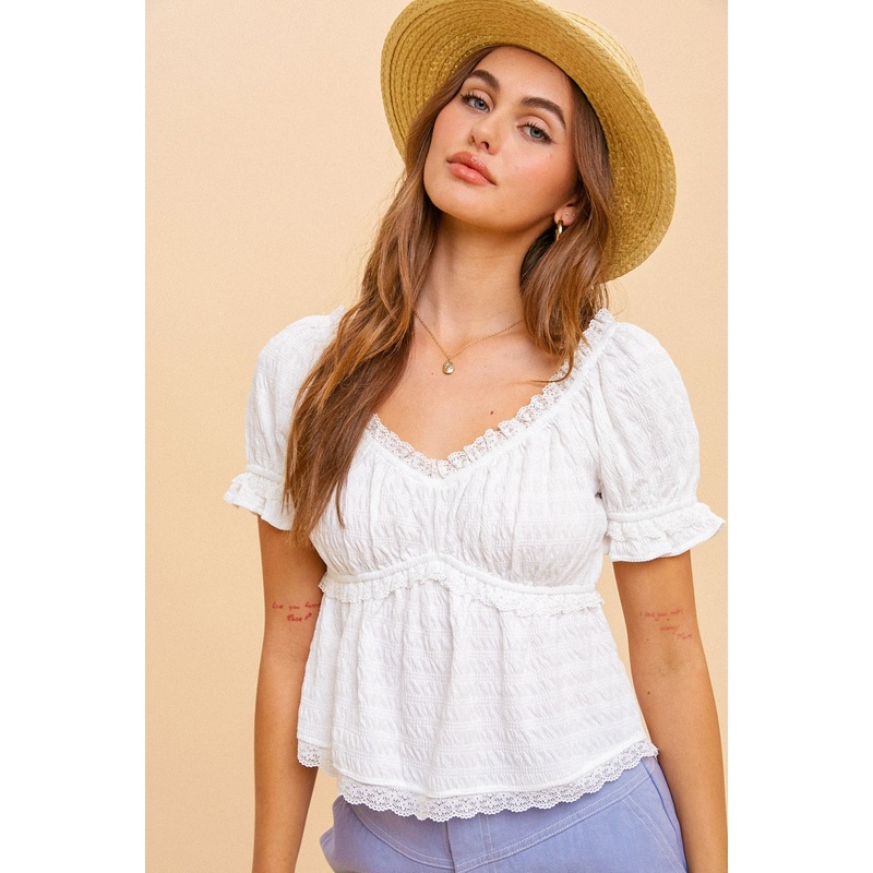 White Knit Textured Puff Sleeve Top