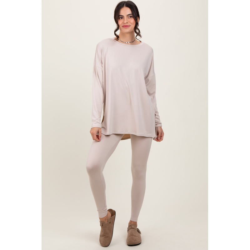 Beige Brushed Knit Oversized Top and Legging Set