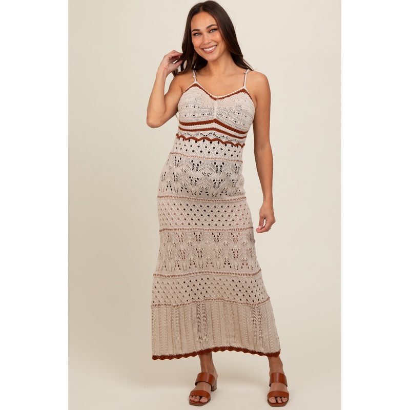 Beige Contrast Trim Crochet Maternity Maxi Swim Cover Up