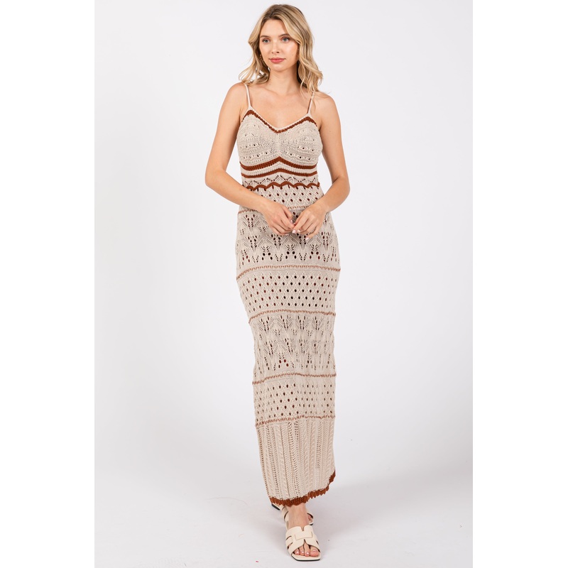 Beige Contrast Trim Crochet Maxi Swim Cover Up