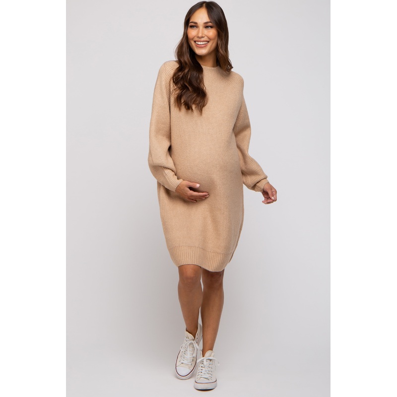 Beige Mock Neck Maternity Sweater Dress