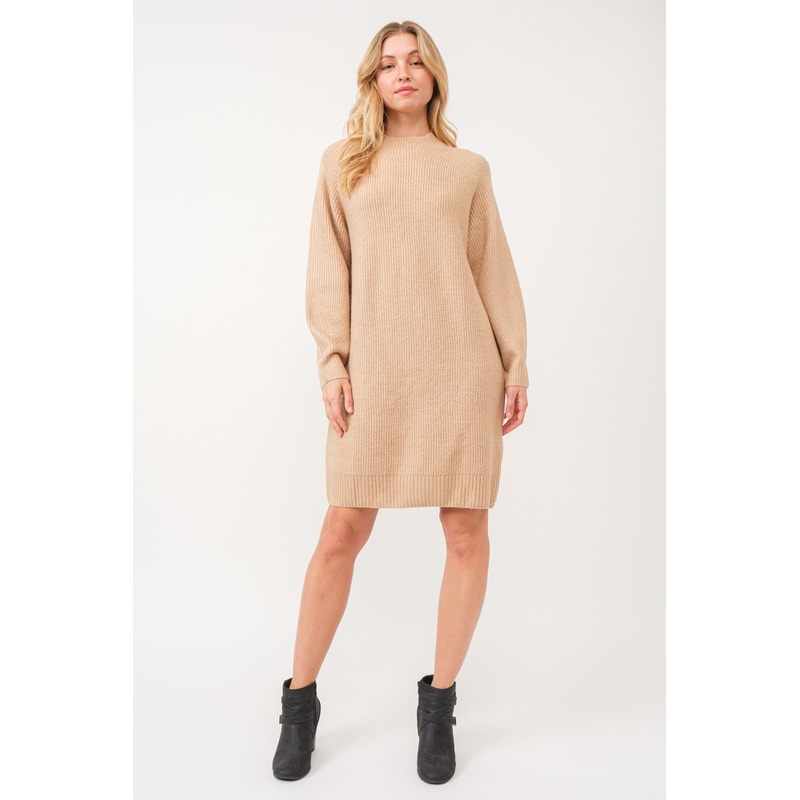 Beige Mock Neck Sweater Dress