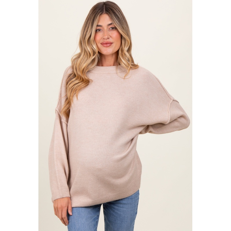 Beige Oversized Crewneck Melange Knit Maternity Sweater