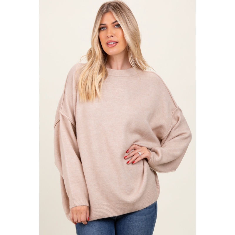 Beige Oversized Crewneck Melange Knit Sweater