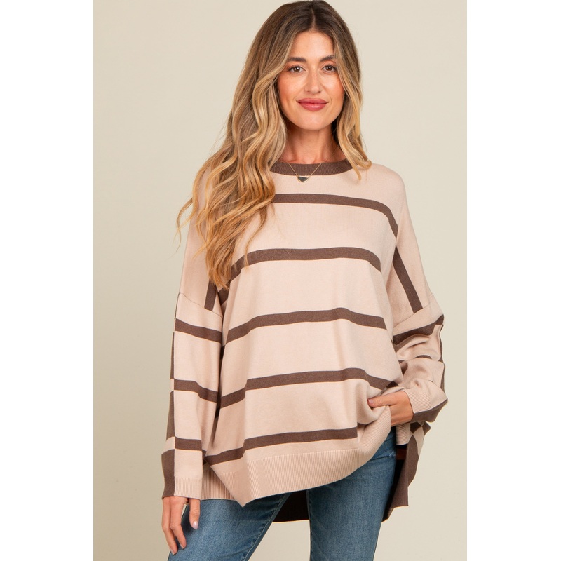 Beige Striped Knit Dolman Sleeve Maternity Top