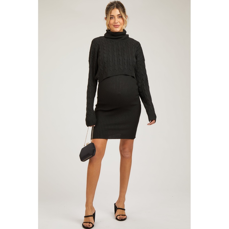 Black Cable Knit Crop Sweater Maternity Dress Set