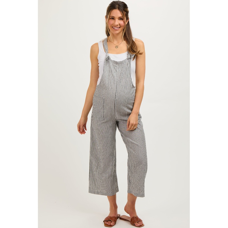 Black Striped Linen Maternity Overalls