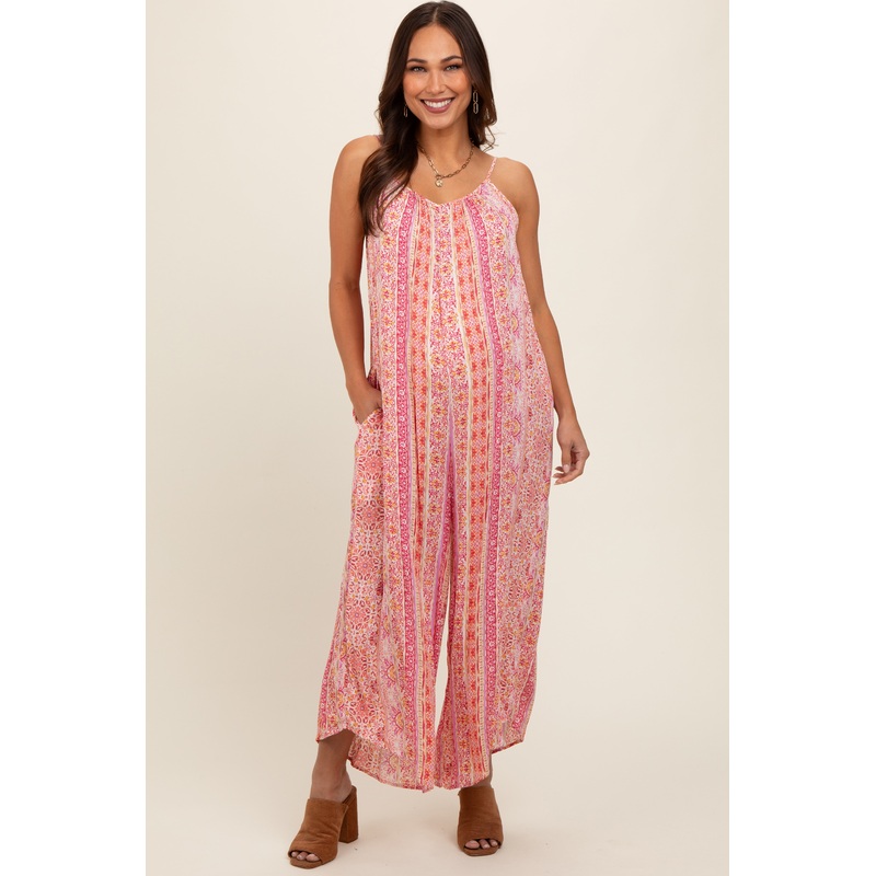 Coral Floral Striped Asymmetrical Maternity Jumpsuit