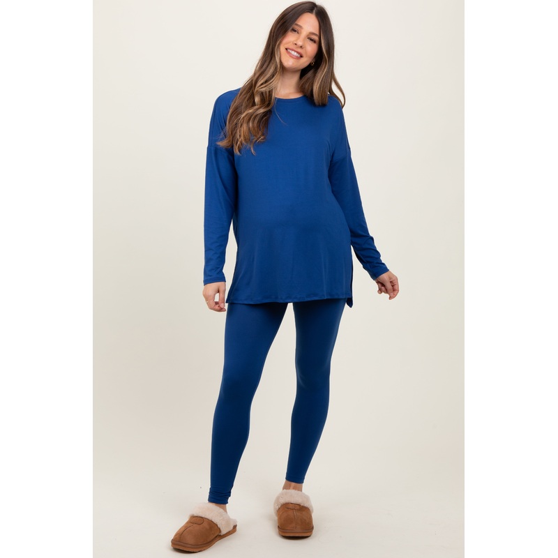 Navy Brushed Knit Maternity Oversized Top and Legging Set