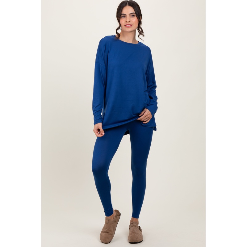 Navy Brushed Knit Oversized Top and Legging Set