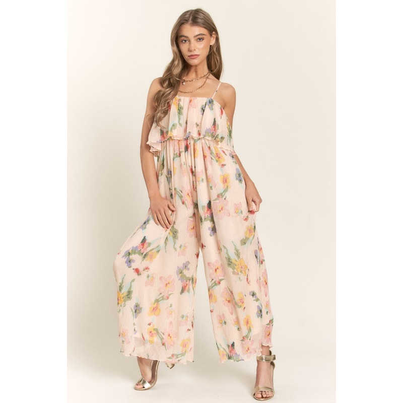 Peach Floral Ruffle Overlay Wide Leg Jumpsuit