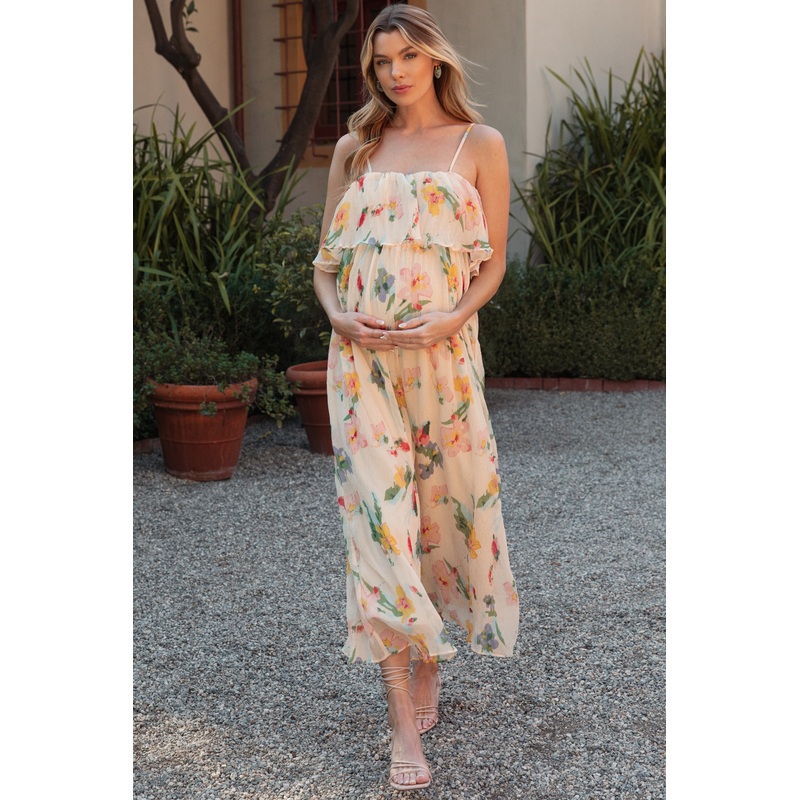 Peach Floral Ruffle Overlay Wide Leg Maternity Jumpsuit