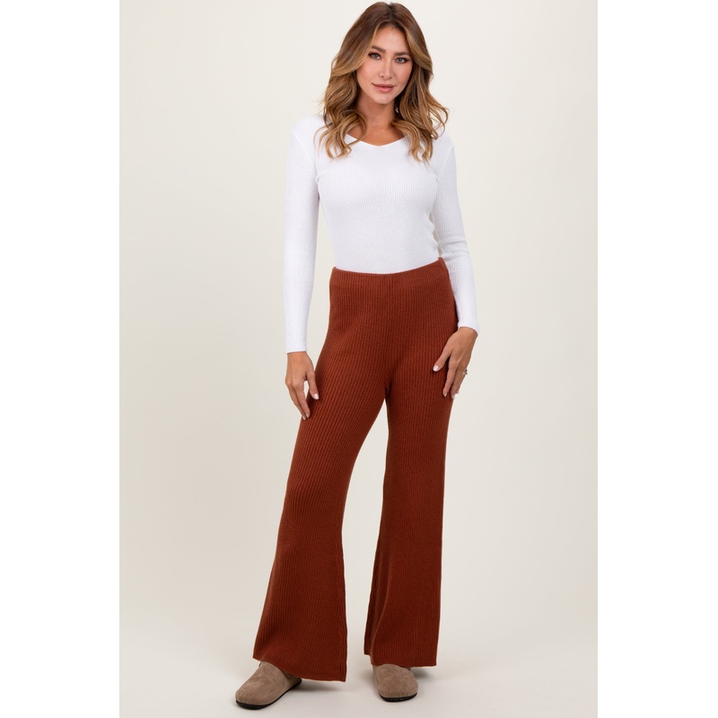 Rust Ribbed Knit Flare Pants