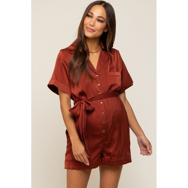 Rust Satin Button Down Maternity Romper