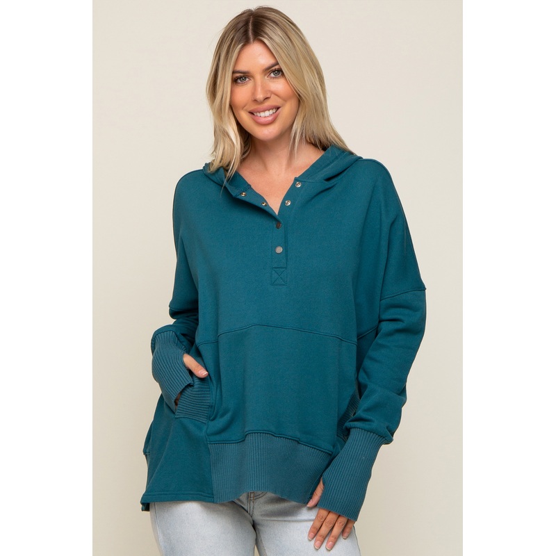 Teal Button Front Ribbed Trim Hooded Sweatshirt