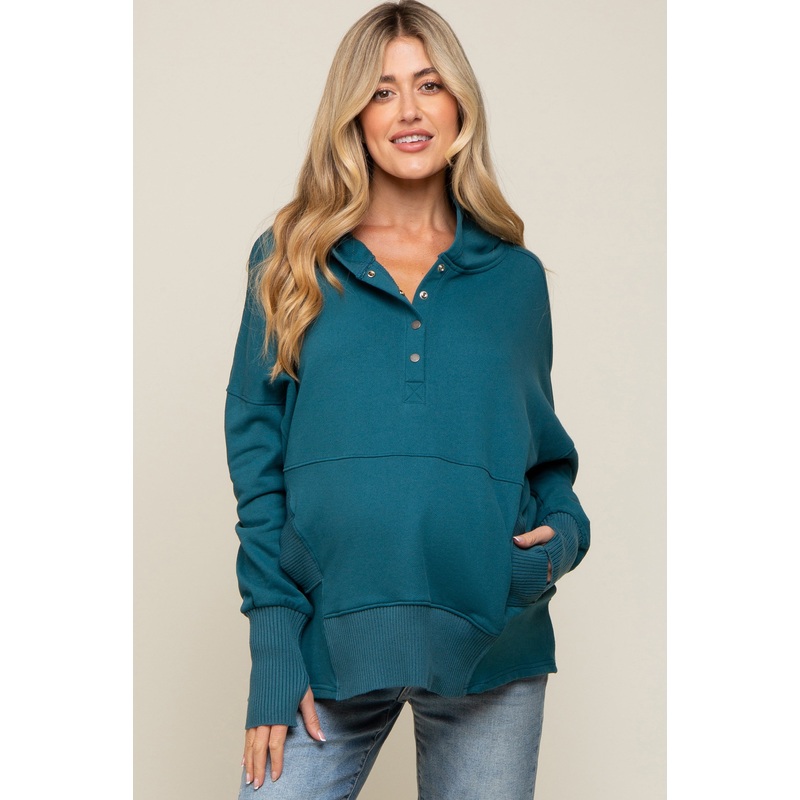 Teal Button Front Ribbed Trim Maternity Hooded Sweatshirt