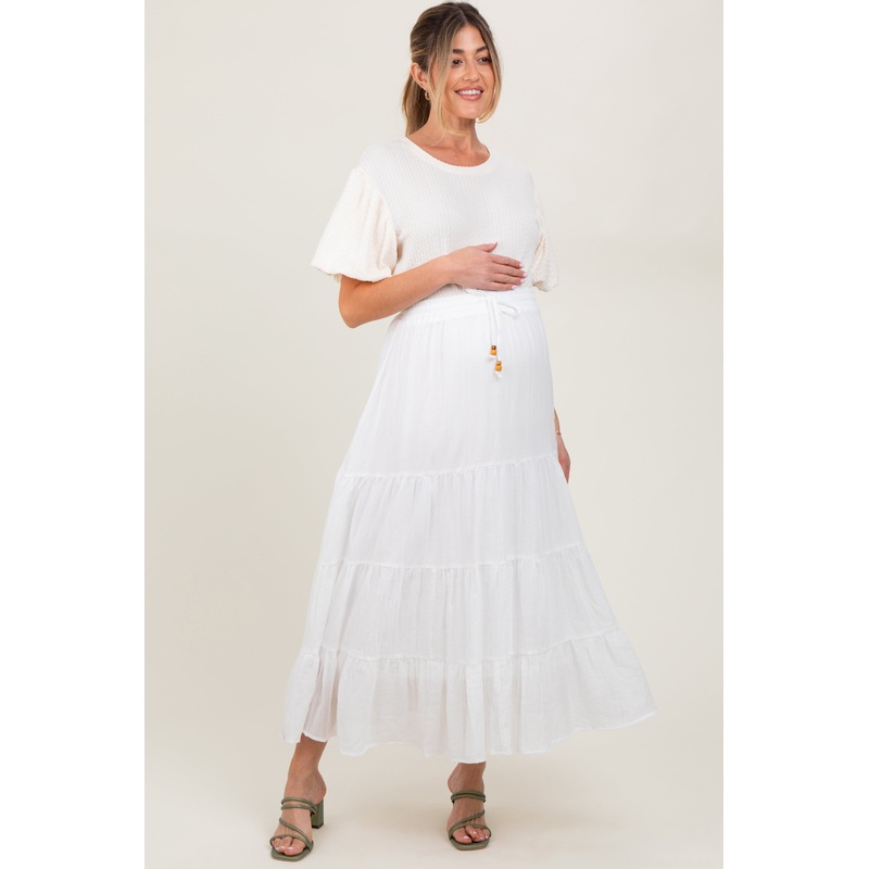 White Drawstring Tiered Maternity Maxi Skirt