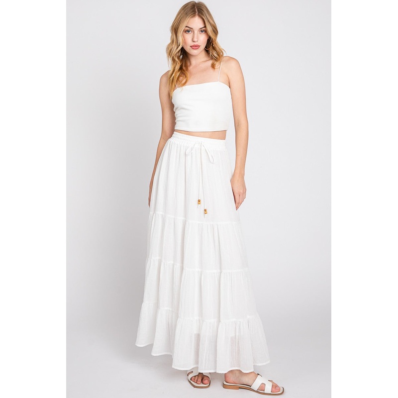White Drawstring Tiered Maxi Skirt