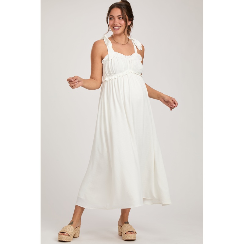 White Ruffle Accent Shoulder Tie Maternity Midi Dress