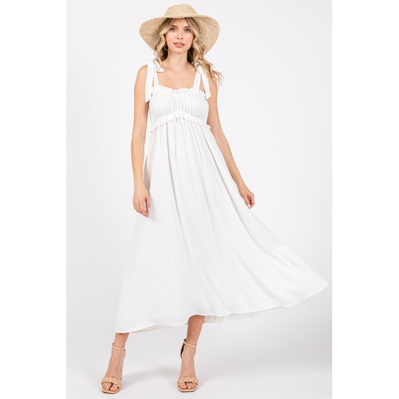 White Ruffle Accent Shoulder Tie Midi Dress
