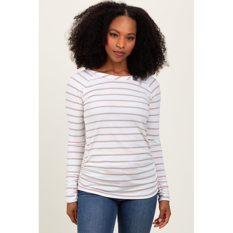 White Striped Ruched Side Long Sleeve Top