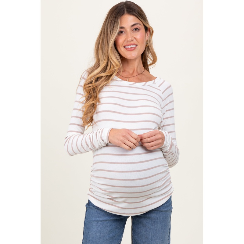 White Striped Ruched Side Maternity Long Sleeve Top