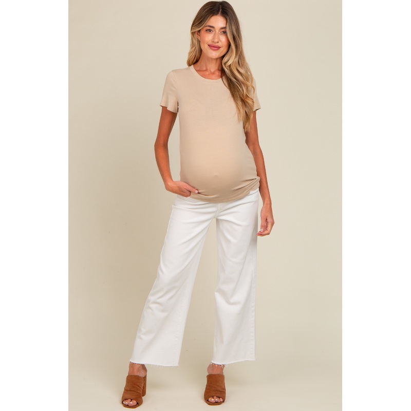 White Wide Leg Raw Hem Maternity Jeans