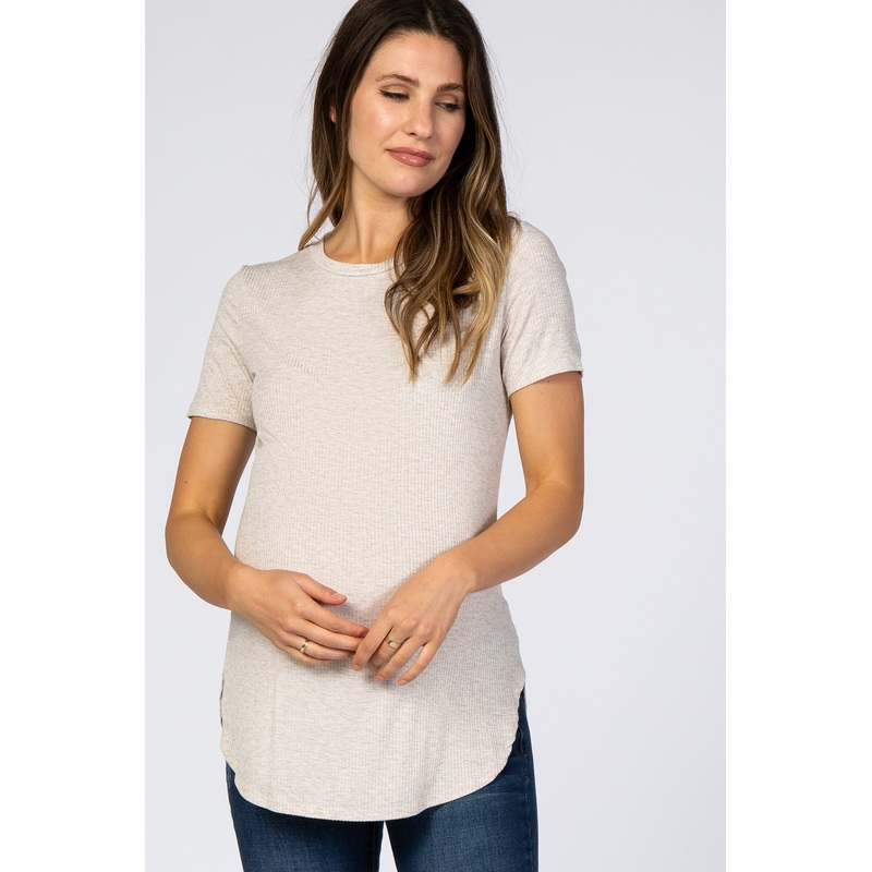 Beige Ribbed Round Hem Maternity Top