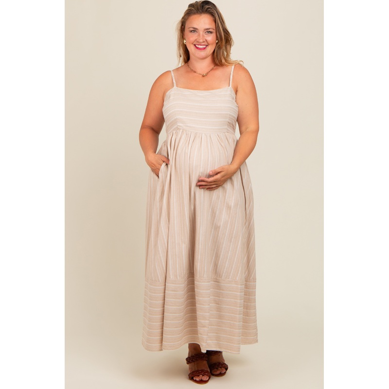 Beige Striped Cutout Back Maternity Plus Maxi Dress