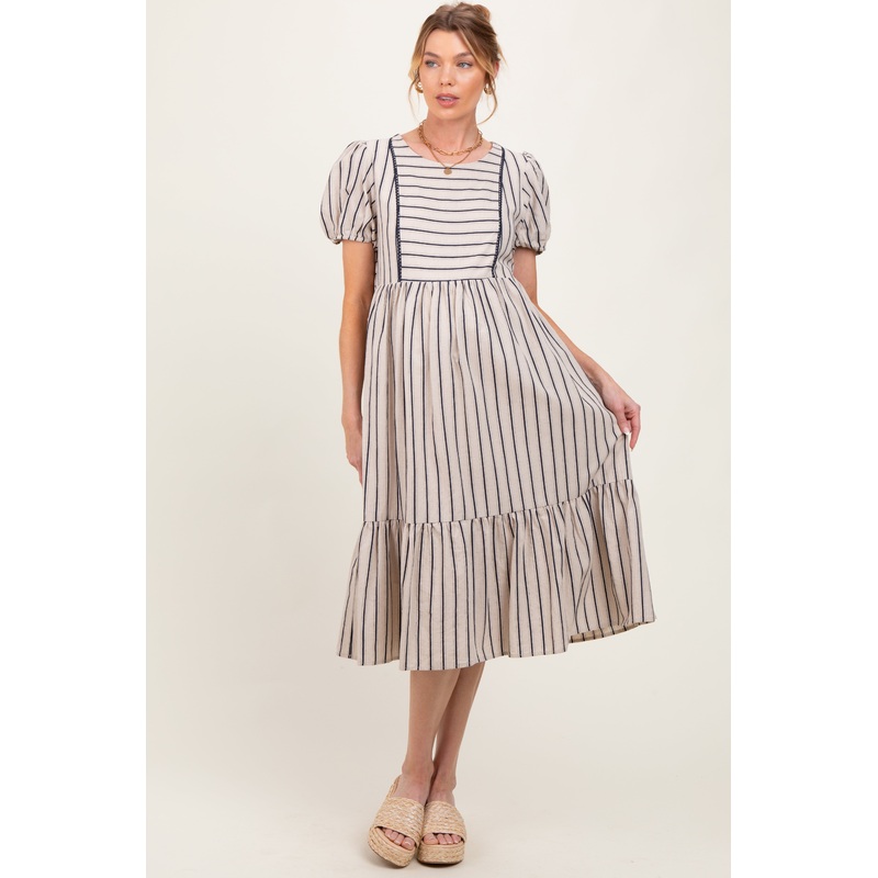 Beige Striped Short Sleeve Maternity Midi Dress