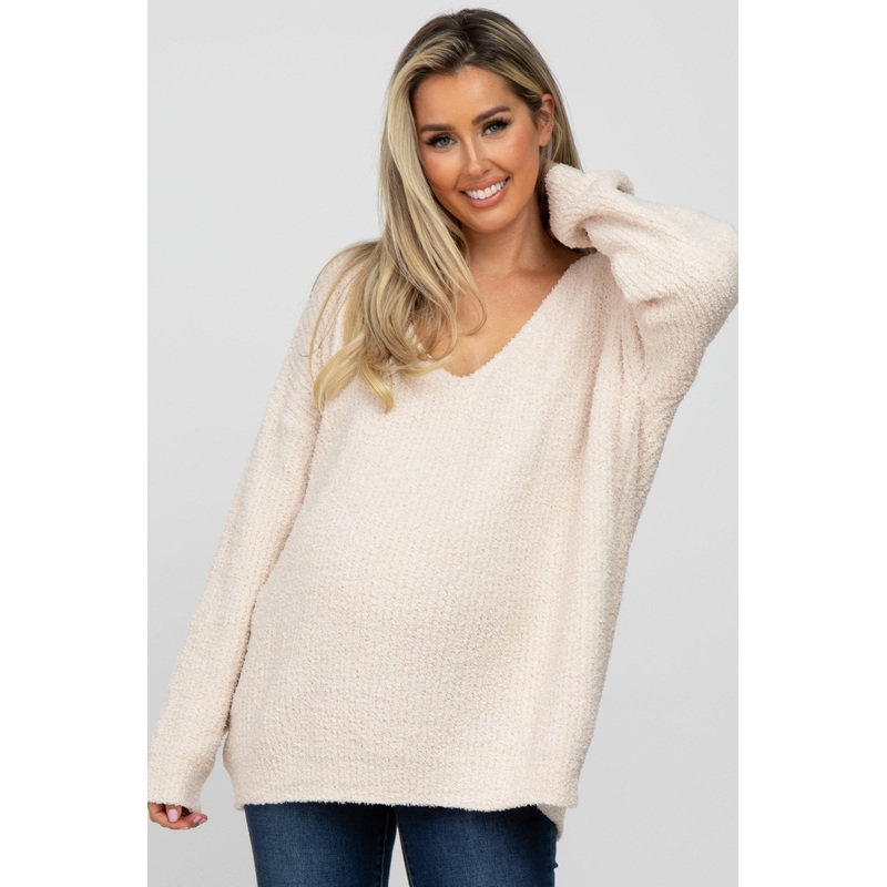 Beige V-Neck Soft Maternity Sweater