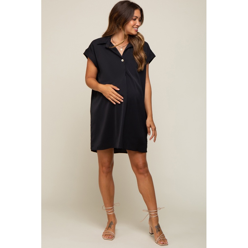 Black Collared Button Front Maternity Dress