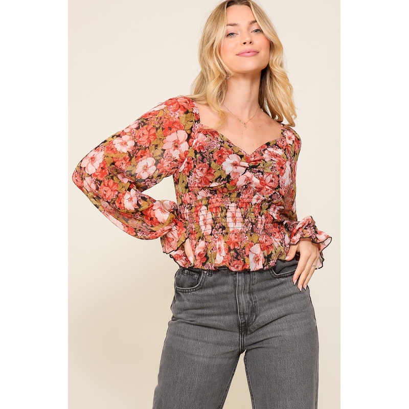 Black Combo Floral Print Smocked Chiffon Top