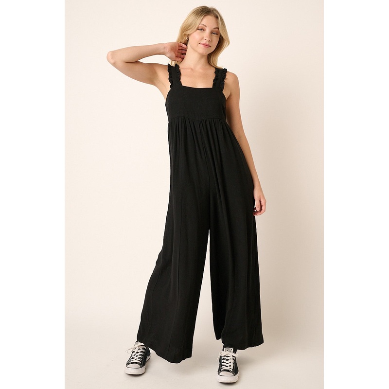 Black Ruffle Trim Back Tie Jumpsuit
