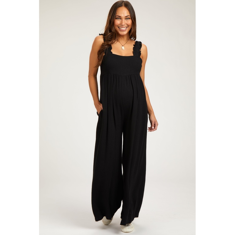 Black Ruffle Trim Back Tie Maternity Jumpsuit