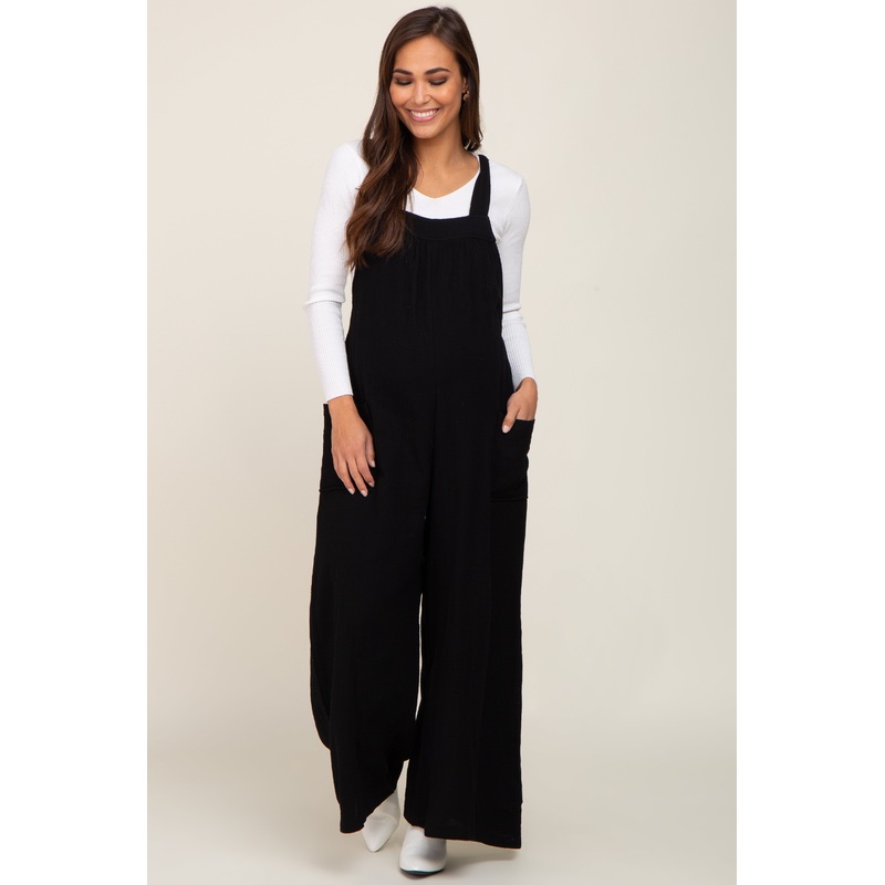 Black Wide Leg Tie Back Maternity Overalls