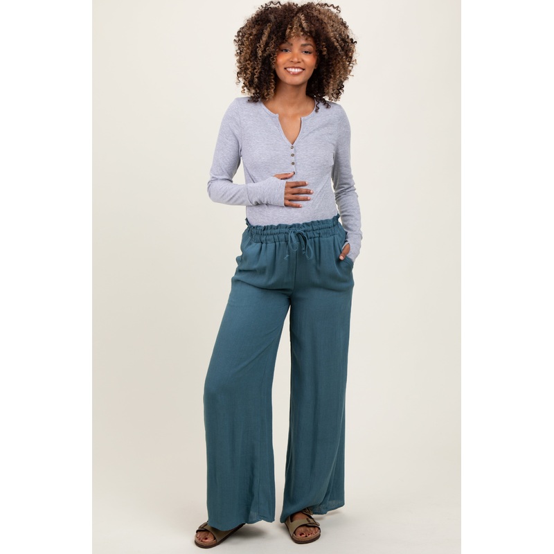 Blue Ruffled Drawstring Waist Wide Leg Maternity Pants
