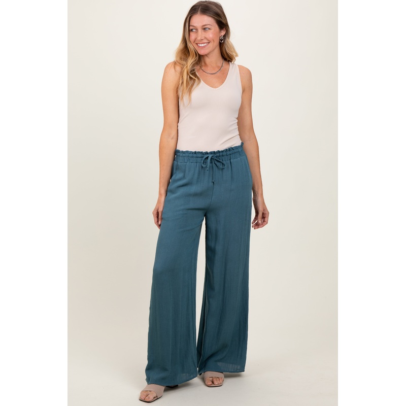 Blue Ruffled Drawstring Waist Wide Leg Pants