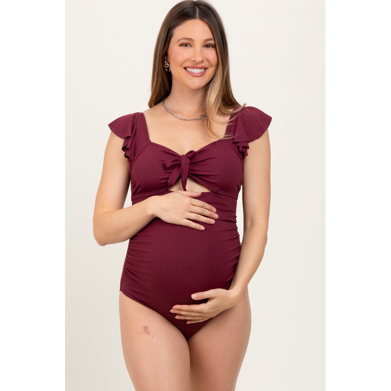 Burgundy Ribbed Front Tie Cutout Ruched Maternity Swimsuit