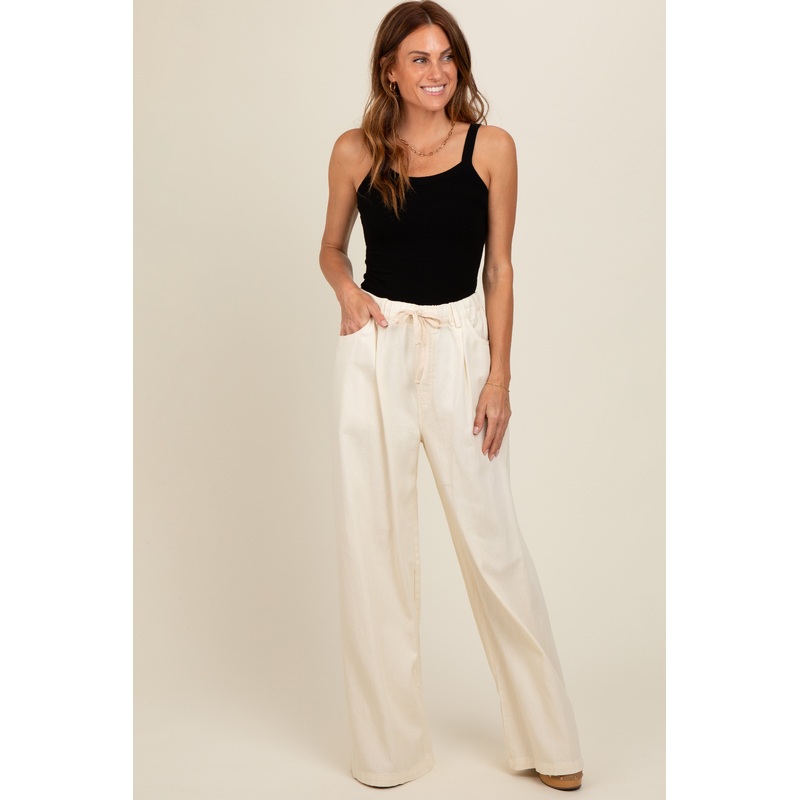 Ivory Drawstring Wide Leg Pants
