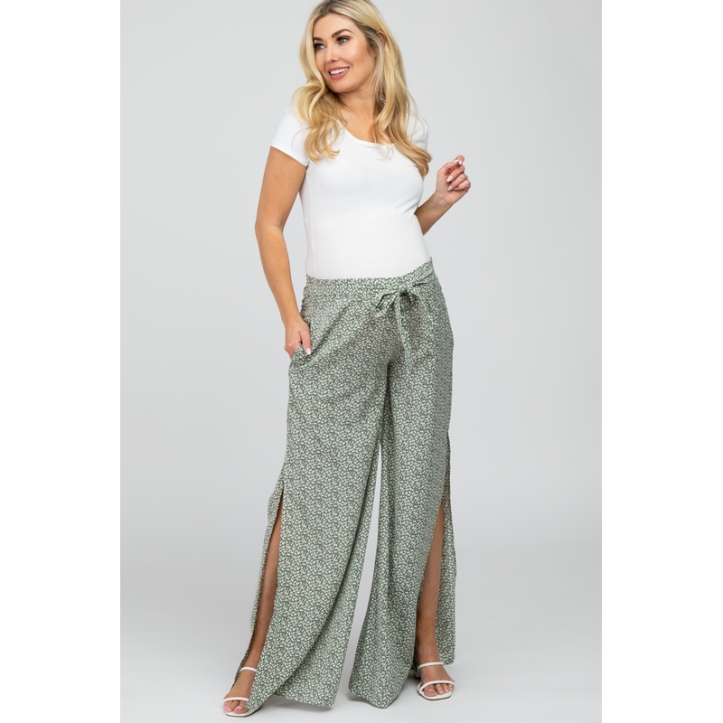 Light Olive Ditsy Floral Side Slit Maternity Pants