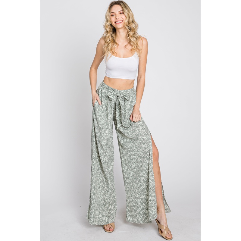 Light Olive Ditsy Floral Side Slit Pants