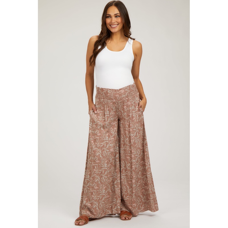 Mauve Floral Smocked Wide Leg Maternity Pants
