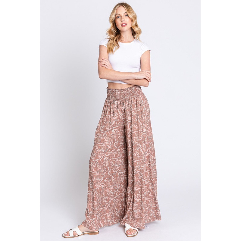 Mauve Floral Smocked Wide Leg Pants